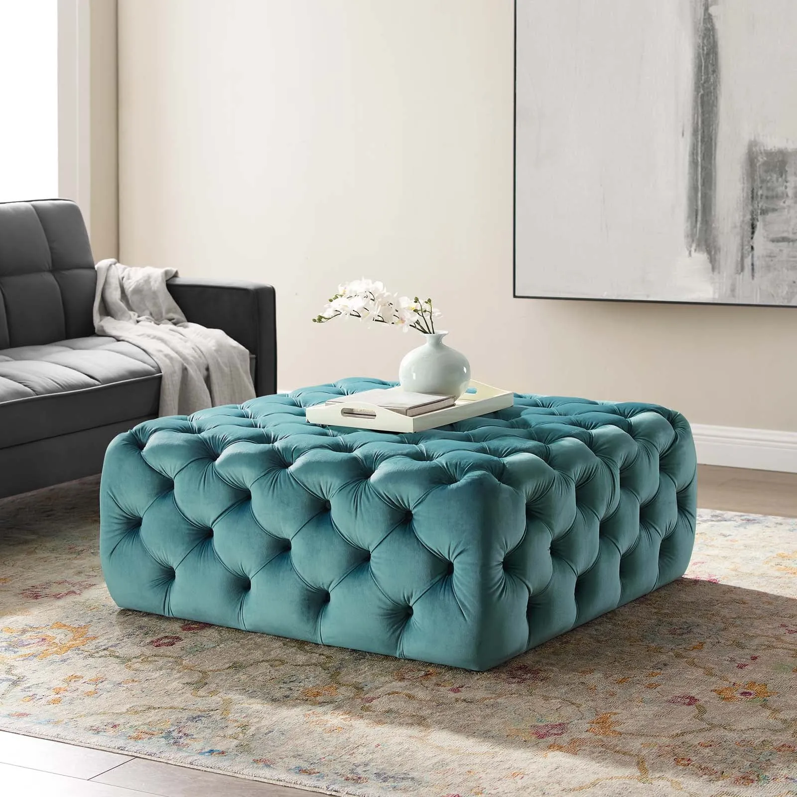 Amour Tufted Button Large Square Performance Velvet Ottoman by Modway