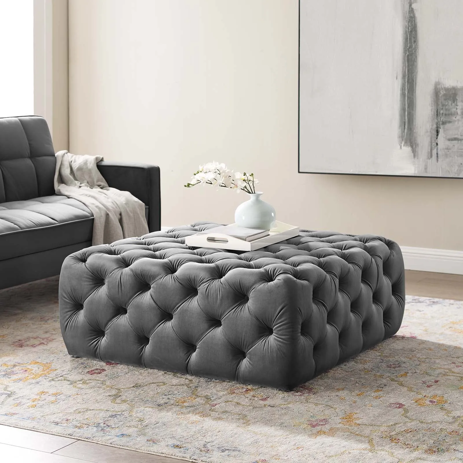 Amour Tufted Button Large Square Performance Velvet Ottoman by Modway