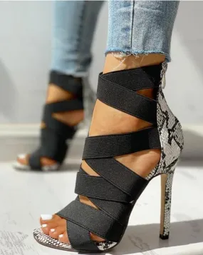 Cross Tied Snake Patterned Bondage Heels