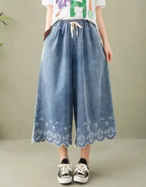 Embroidered Denim Summer Wide-leg Pants