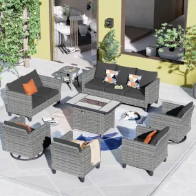 Ovios Patio Vultros 8-Piece Set With Swivel Chair and Rectangle 42'' Propane Fire Pit Table