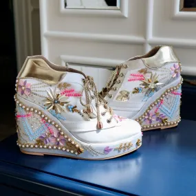 White Multi-Colored Customisable Embroidered Sneaker Wedges | Tiesta