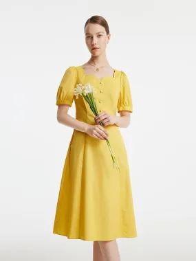 Yellow Square Neck Cotton Midi Dress